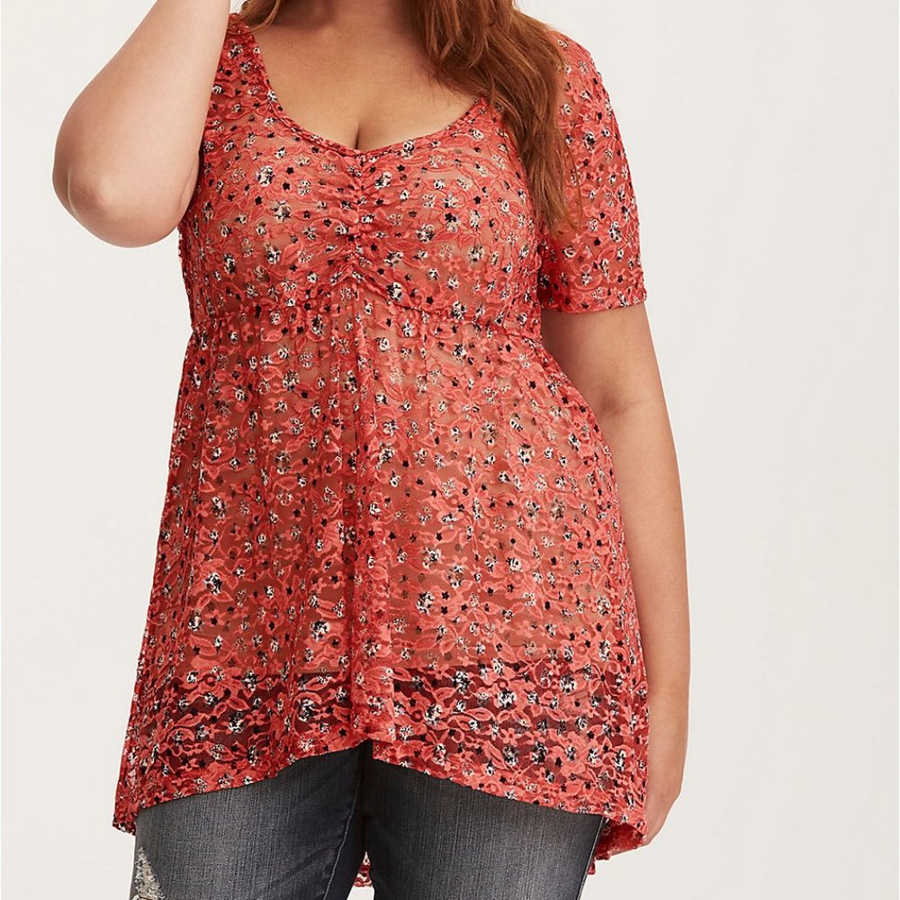 Torrid Peach Floral Lace Babydoll Hi-Lo Cut Top